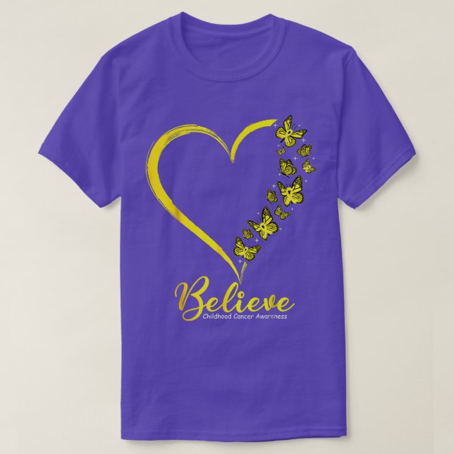 Gold Butterfly Believe Childhood Cancer Awareness  T-Shirt (Design Front)