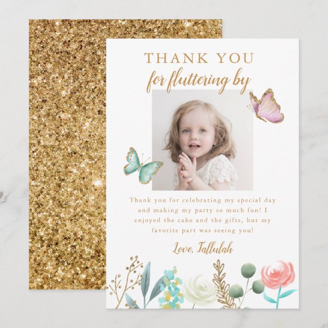 Gold Butterfly Birthday Party Photo Thank You Card (Front/Back)
