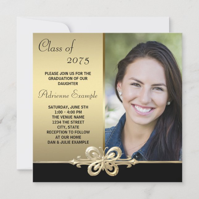Gold Butterfly Black and Gold Photo Graduation Invitation (Front)