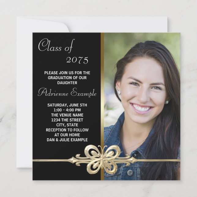 Gold Butterfly Black and Gold Photo Graduation Invitation (Front)