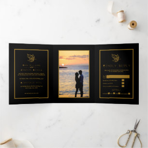 Gold Butterfly, Black & Gold Wedding Suite Tri-Fold Invitation