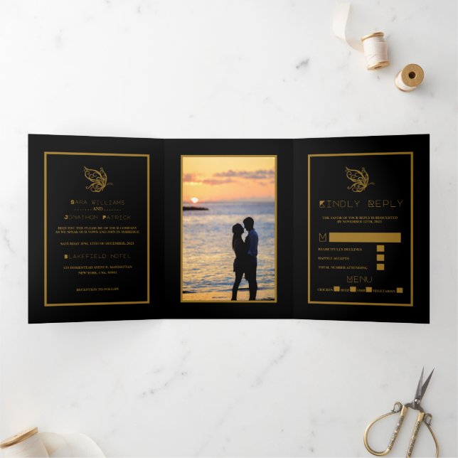 Gold Butterfly, Black & Gold Wedding Suite Tri-Fold Invitation (Inside)