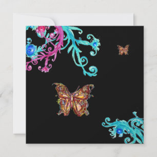 GOLD BUTTERFLY , bright pink blue black Invitation