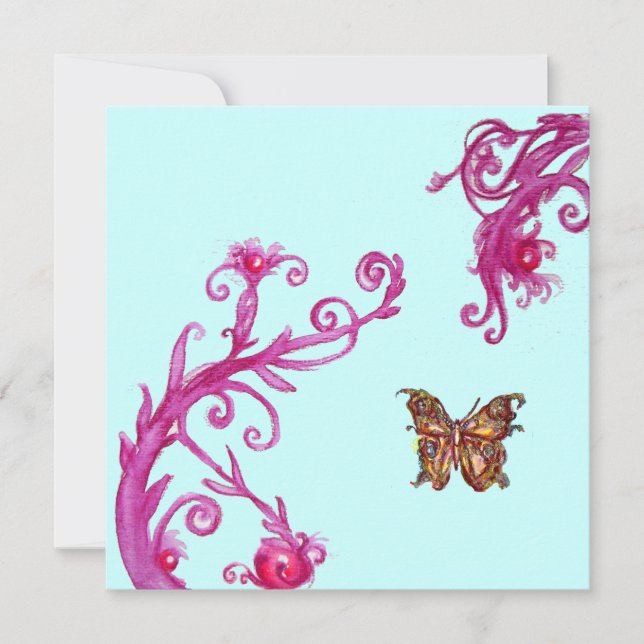 GOLD BUTTERFLY , bright pink blue Invitation (Front)