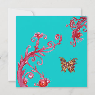 GOLD BUTTERFLY , bright red blue Invitation