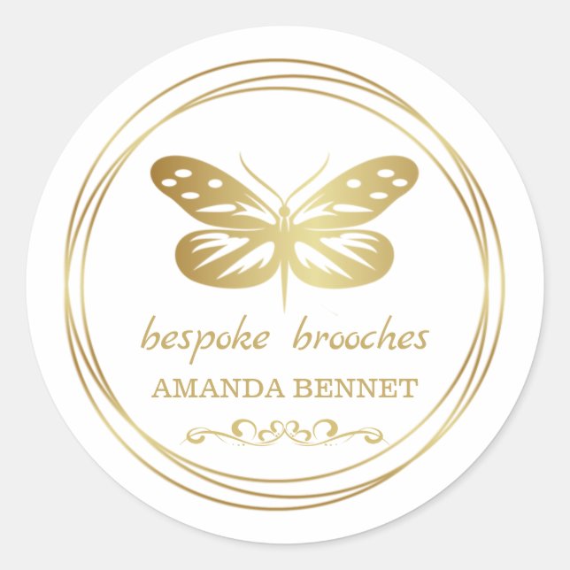 Gold butterfly, circle frame designer logo classic round sticker (Front)