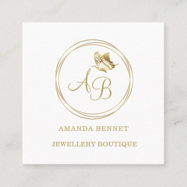 Gold butterfly, circle frame feminine monogram square business card (Front)