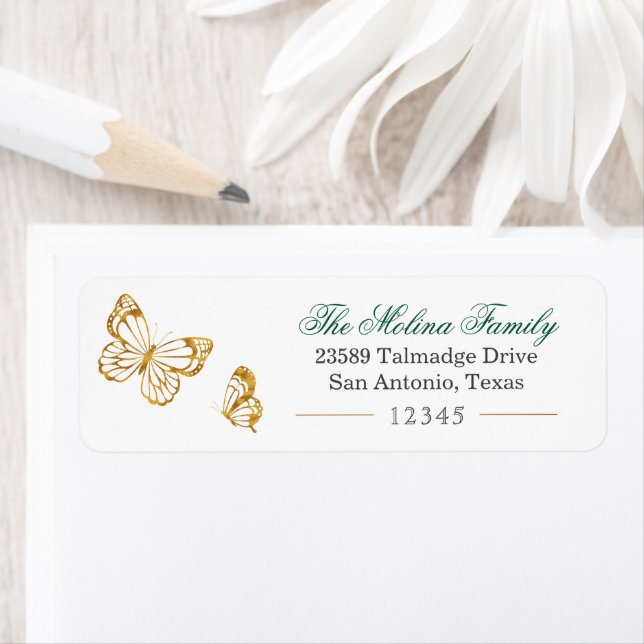 Gold Butterfly Emerald Green Return Address Label (Insitu)