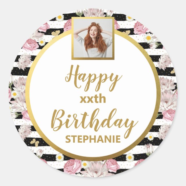 Gold Butterfly Floral Pattern Happy Birthday Photo Classic Round Sticker (Front)