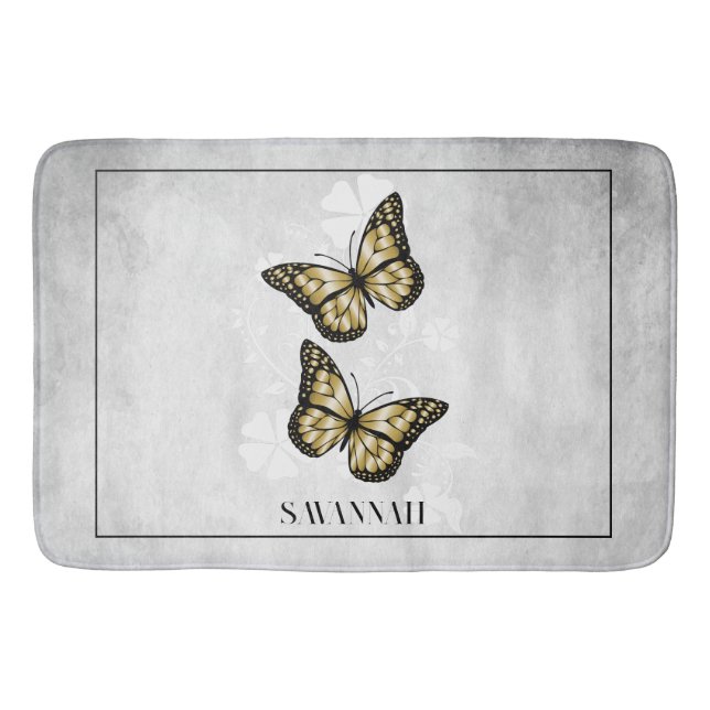 Gold Butterfly Floral Personalised Bath Mat (Front)