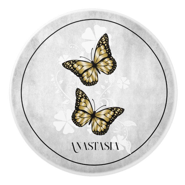 Gold Butterfly Floral Personalised Ceramic Knob (Front)