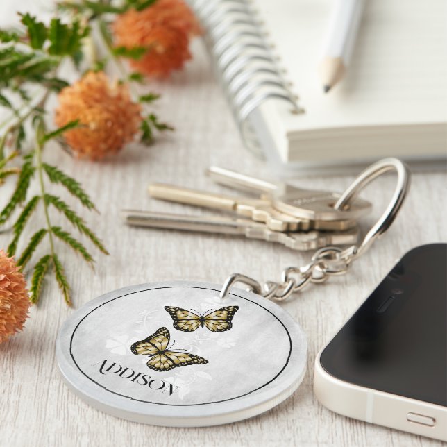 Gold Butterfly Floral Personalised Keychain (Front Right)