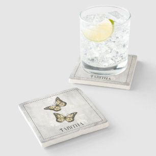 Gold Butterfly Floral Personalised Stone Coaster