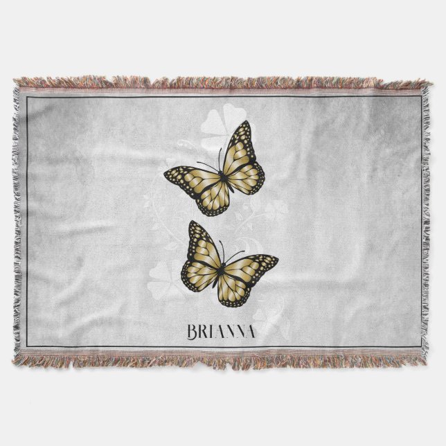Gold Butterfly Floral Personalised Throw Blanket (Front)