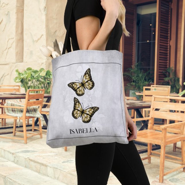 Gold Butterfly Floral Personalised Tote Bag (Gold Butterfly Floral Personalized Tote Bag)
