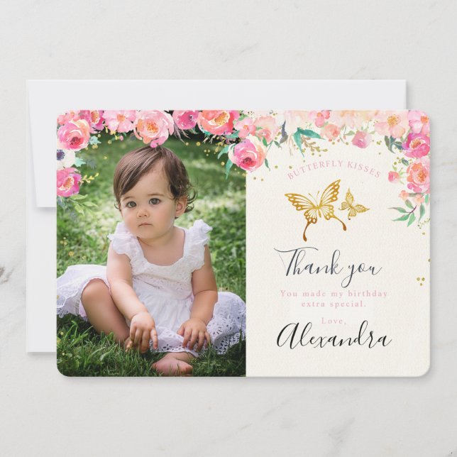 Gold Butterfly & Floral Photo Thank you card (Front)