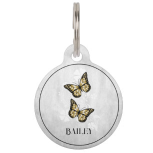Gold Butterfly Floral Round Pet Tag