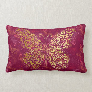 Gold Butterfly Flourish on Burgundy Magenta Accent Lumbar Cushion