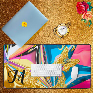 Gold Butterfly Flower Monogram Liquified Abstract  Desk Mat