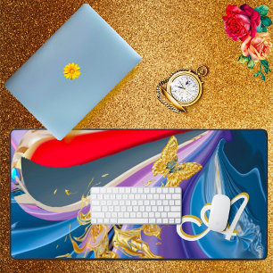 Gold Butterfly Flower Monogram Liquified Abstract Desk Mat