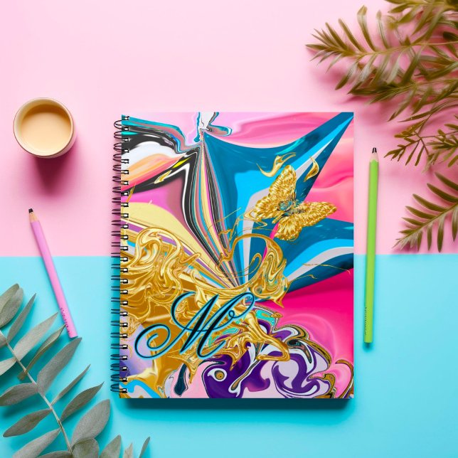 Gold Butterfly Flower Monogram Liquified Abstract  Notebook (Creator Uploaded)