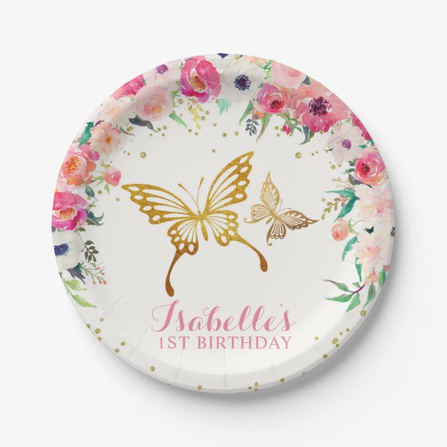 Gold Butterfly Flower Paper Plate (Front)