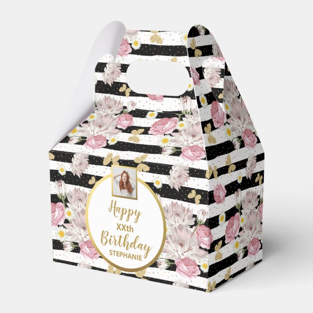 Gold Butterfly, Flowers, Happy Birthday Photo Favour Box (Front Side)