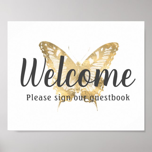Gold Butterfly Guestbook Wedding Sign Print (Front)