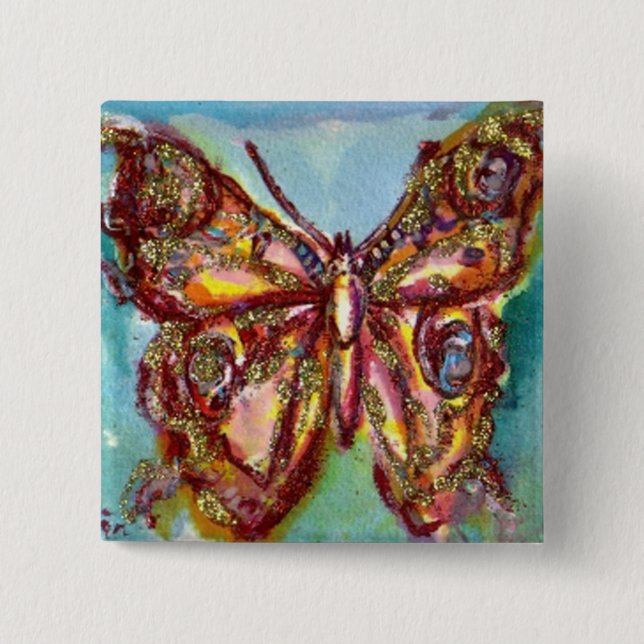 GOLD BUTTERFLY IN BLUE 15 CM SQUARE BADGE (Front)