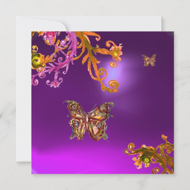 GOLD BUTTERFLY  IN PURPLE YELLOW FLORAL SWIRLS INVITATION (Front)