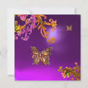 GOLD BUTTERFLY IN PURPLE YELLOW FLORAL SWIRLS INVITATION