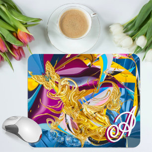 Gold Butterfly Jewel Tone Monogram Liquid Abstract Mouse Mat