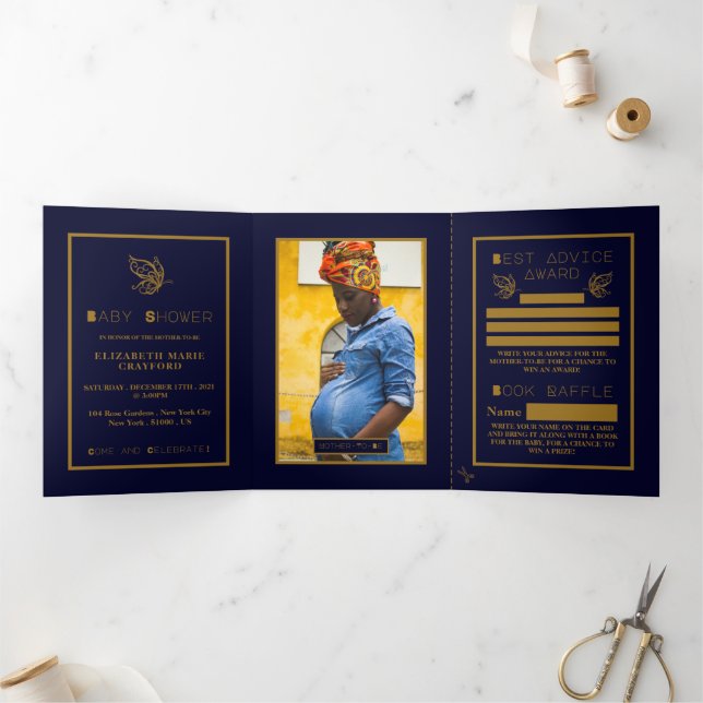 Gold Butterfly, Navy Blue Baby Shower Suite Tri-Fold Invitation (Inside)
