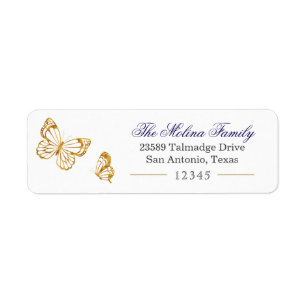 Gold Butterfly Navy Blue Return Address Label