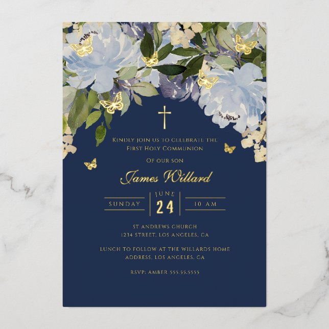 Gold Butterfly Navy Boys First Communion Foil (Front)