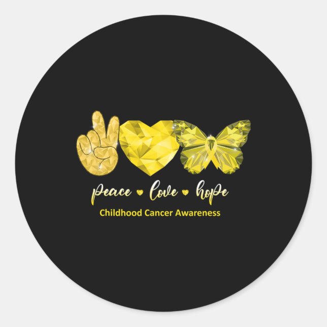 Gold Butterfly Peace Love Hope Childhood Cancer Aw Classic Round Sticker (Front)