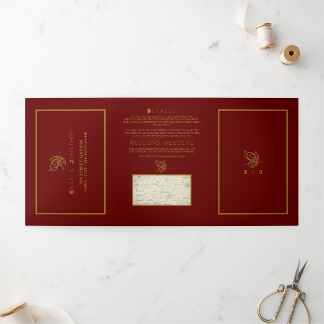 Gold Butterfly, Red & Gold Wedding Suite Tri-Fold Invitation (Outside)