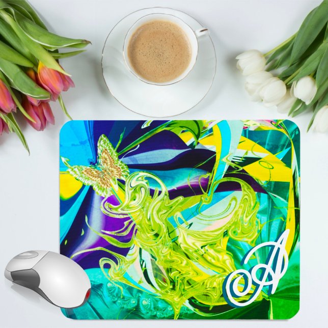 Gold Butterfly Swirls Monogram Liquid Abstract Mouse Mat (Creator Uploaded)