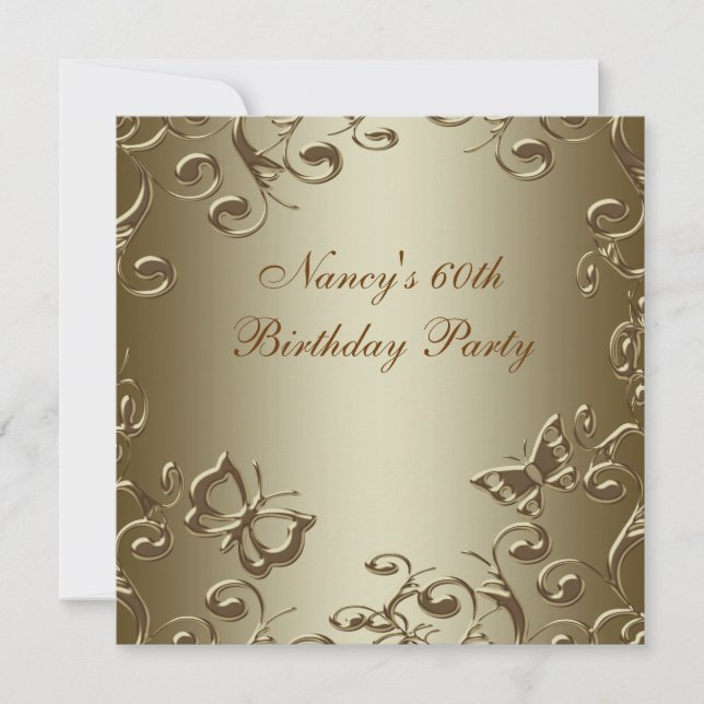Gold Butterfly Swirls Womans 60th Birthday Party Invitation (Front)