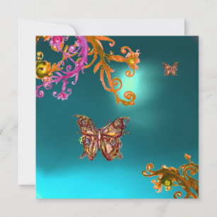 GOLD BUTTERFLY TEAL AQUA  BLUE AQUAMARINE GEMSTONE INVITATION
