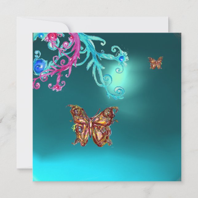 GOLD BUTTERFLY TEAL AQUA BLUE GEMSTONE INVITATION (Front)