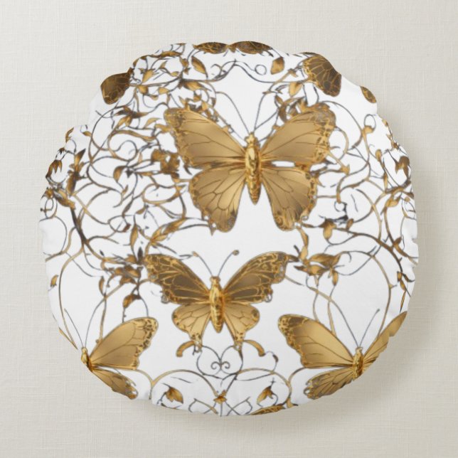 Gold Butterfly Throw Pillow: Round Cushion (Front)