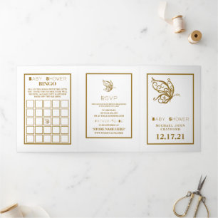 Gold Butterfly, White & Gold Baby Shower Suite Tri-Fold Invitation