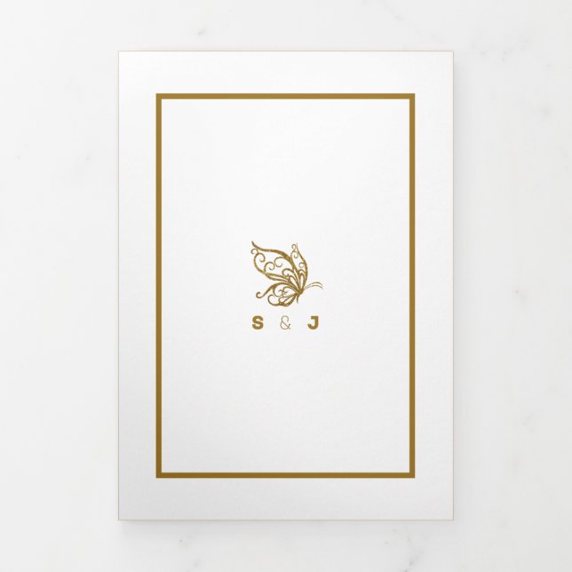 Gold Butterfly, White & Gold Wedding Suite Tri-Fold Invitation (Cover)