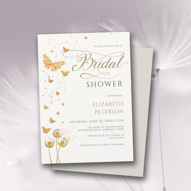 Gold Butterfly Wildflowers Boho Chic Bridal Shower Invitation (gold butterfly wildflower garden bridal shower invitation modern romantic calligraphy boho rustic)