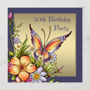 Gold Butterfly Womans 50th Birthday Party Invitation