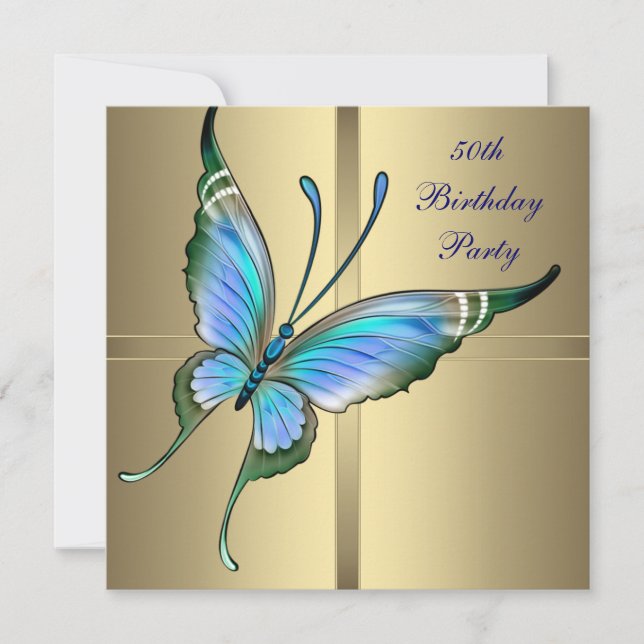 Gold Butterfly Womans 50th Birthday Party Invitation (Front)