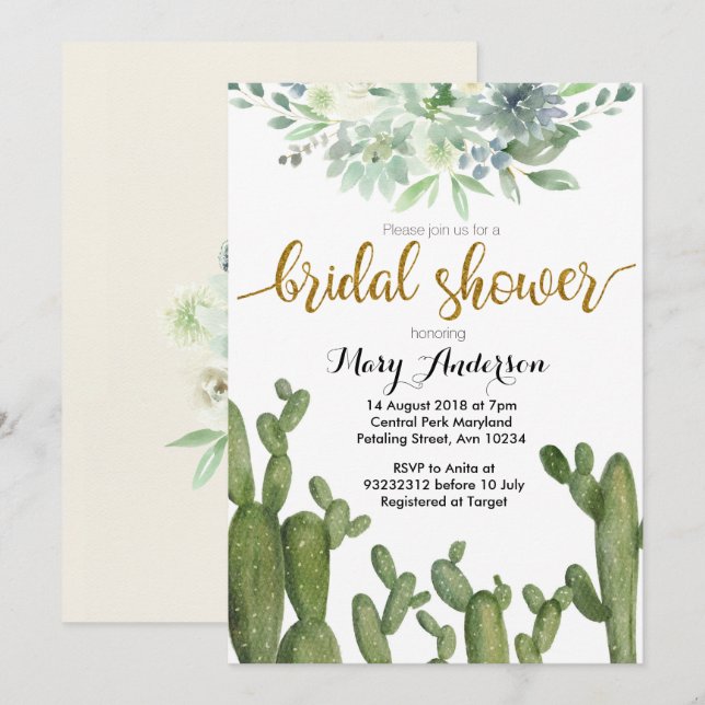 Gold Cactus Bridal Shower Invitation Succulent (Front/Back)