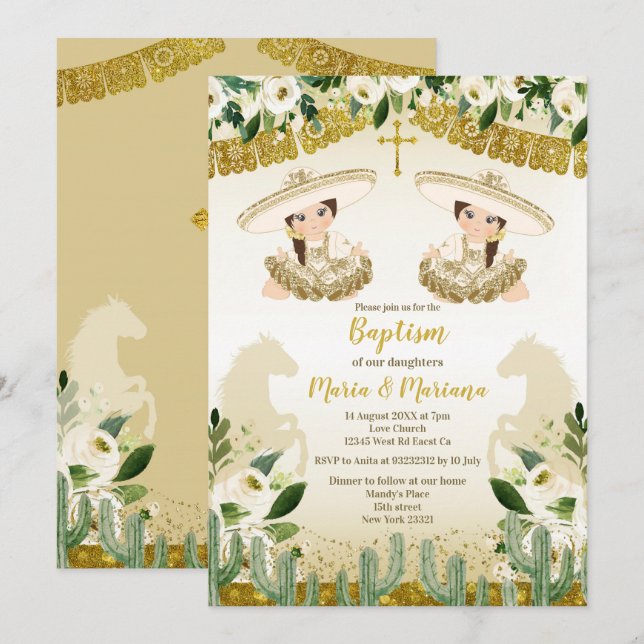 Gold Cactus Twins Girl Baptism and Birthday Invitation (Front/Back)