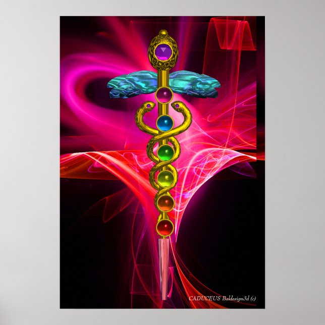 GOLD CADUCEUS,7 CHAKRAS PINK FUCHSIA Yoga Medical Poster (Front)